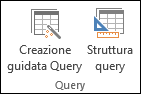 Nel gruppo Query della barra multifunzione di Access sono visualizzate due opzioni: Creazione guidata Query e Struttura query