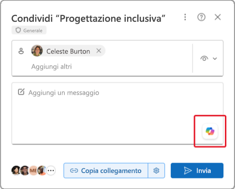 Screenshot di Copilot nella finestra di condivisione in Word con l'opzione per generare un riepilogo basato su intelligenza artificiale