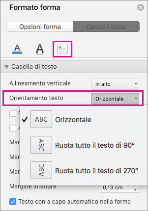 Opzione Orientamento testo evidenziata nel riquadro Formato forma.