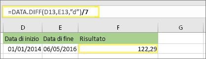 =(DATEDIF(D13,E13,"d")/7) e risultato: 122.29