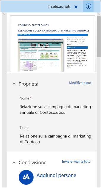 Riquadro dei metadati dei documenti di Office 365