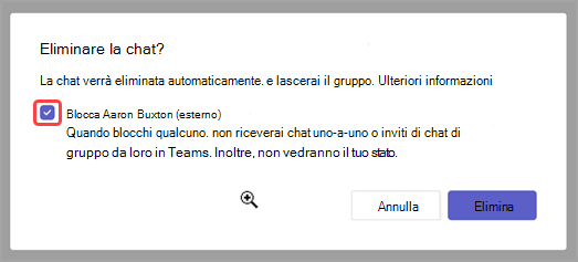 Screenshot che mostra le opzioni per eliminare una richiesta di messaggio o bloccare il mittente