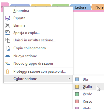 Screenshot of how to change a section color in OneNote 2016.