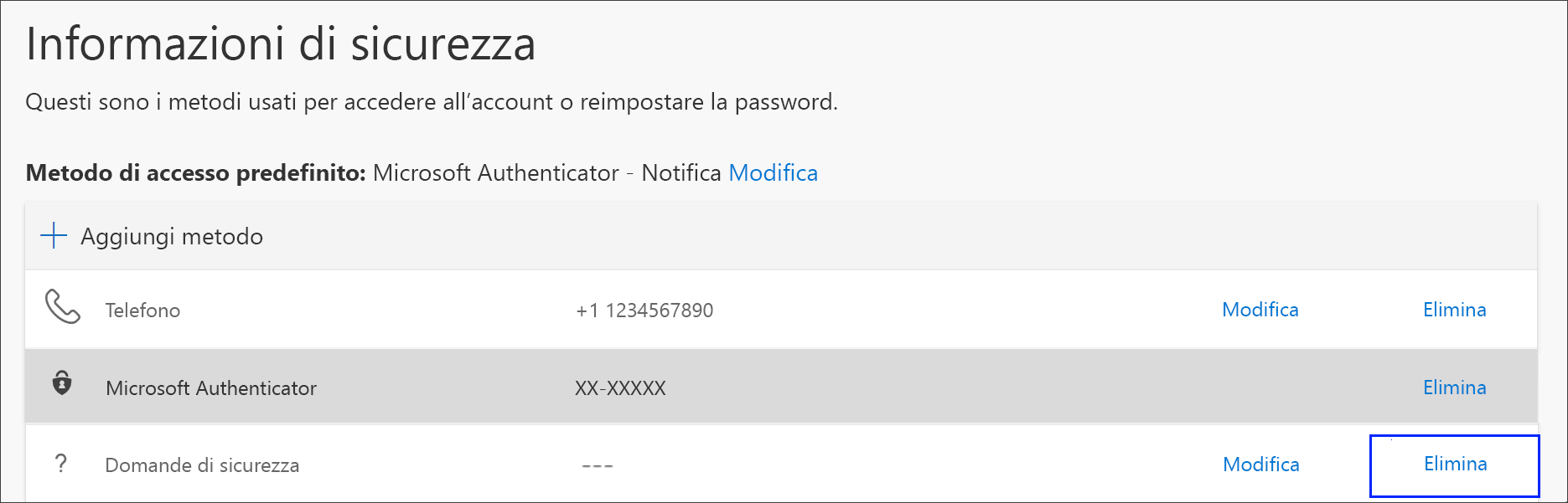 Collegamento per eliminare il metodo del telefono dalle info di sicurezza