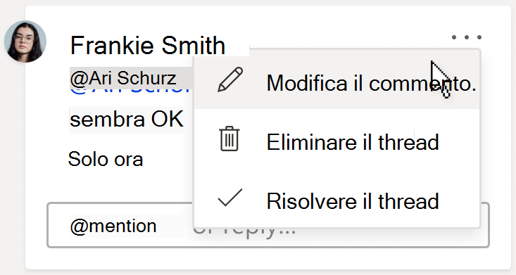 Immagine di una scheda commento con l'opzione Modifica commento. L'opzione si trova nel menu a discesa Altre azioni thread, disponibile nell'angolo in alto a destra del commento.