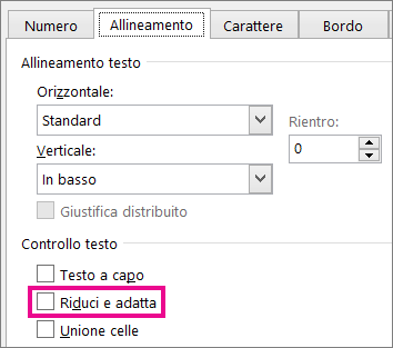 Riduci e adatta nella scheda Allineamento della finestra di dialogo Formato celle