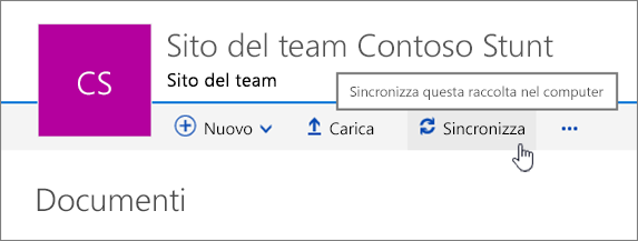 Intestazione della raccolta documenti con l'opzione Sincronizza evidenziata