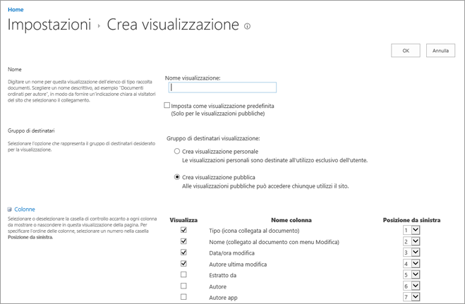 Pagina Impostazioni - Crea visualizzazione