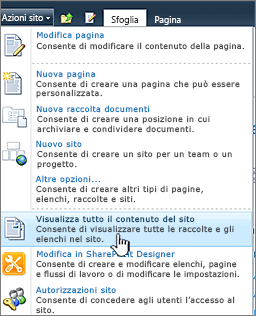 Visualizza tutto il contenuto del sito nel menu Azioni sito