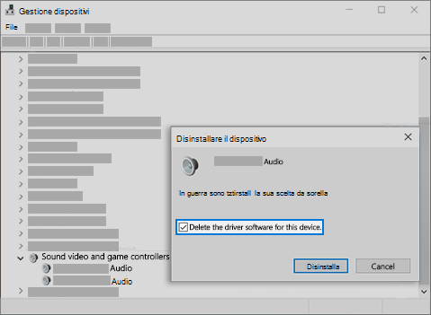Eliminare il software driver per il dispositivo e disinstallare