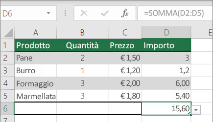 Esempio di funzione SOMMA con un intervallo denominato