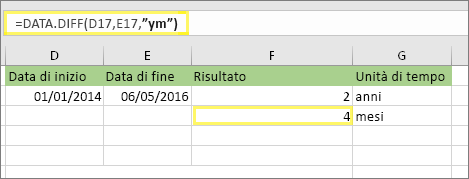 =DATEDIF(D17,E17,"ym") e risultato: 4