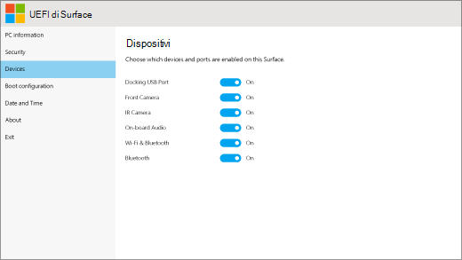 Schermata dei dispositivi per LA UEFI di Surface