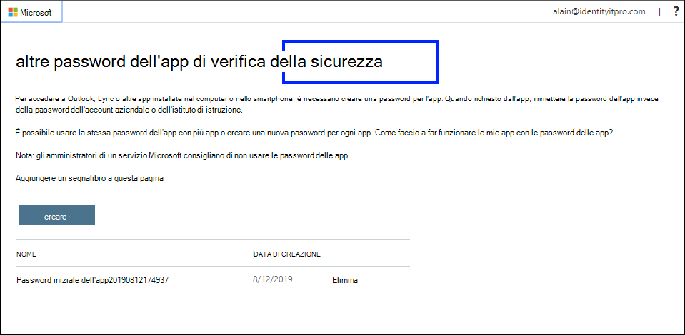 Pagina Password dell'app, con la scheda Password app evidenziata