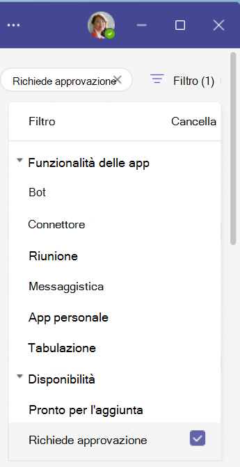 Filtrare i risultati per trovare l'opzione Richiede approvazione