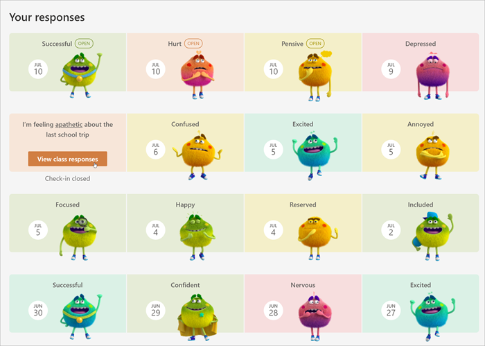 vista del calendario degli studenti risposte passate, una varietà di sentimenti mostri e le loro emozioni denominate sono mostrati. per le risposte chiuse, al passaggio del mouse viene visualizzato un pulsante che consente agli studenti di eseguire il drill-in e vedere come hanno risposto i compagni di classe.