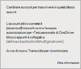 Cambia account per trascrivere in questo blocco appunti