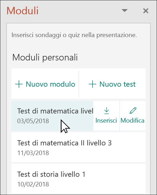 Inserire un modulo o un test dal riquadro Microsoft Forms in PowerPoint