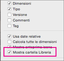 Impostazioni Mostra file libreria nelle opzioni di visualizzazione di Finder