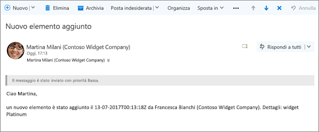 Messaggio di posta elettronica inviato da Microsoft Flow quando un elemento viene modificato