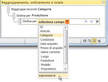 Scelta dell'opzione dell'espressione nel riquadro Raggruppamento, ordinamento e totale