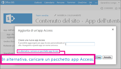 Caricamento di un pacchetto dell'app Access nella pagina Aggiungi un'app in un sito di SharePoint