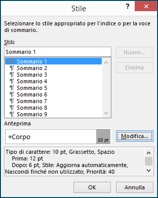 La finestra di dialogo Modifica stile consente di aggiornare l'aspetto del testo nel sommario.