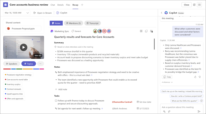 Screenshot che mostra la funzionalità copilot nel riepilogo delle riunioni di Teams
