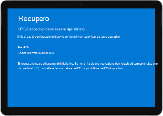 Schermata blu con il titolo "Ripristino" e un messaggio che indica che il dispositivo deve essere ripristinato.