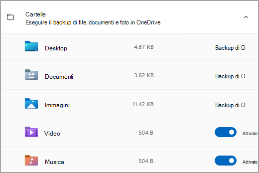 Sezione Cartelle di Windows Backup.