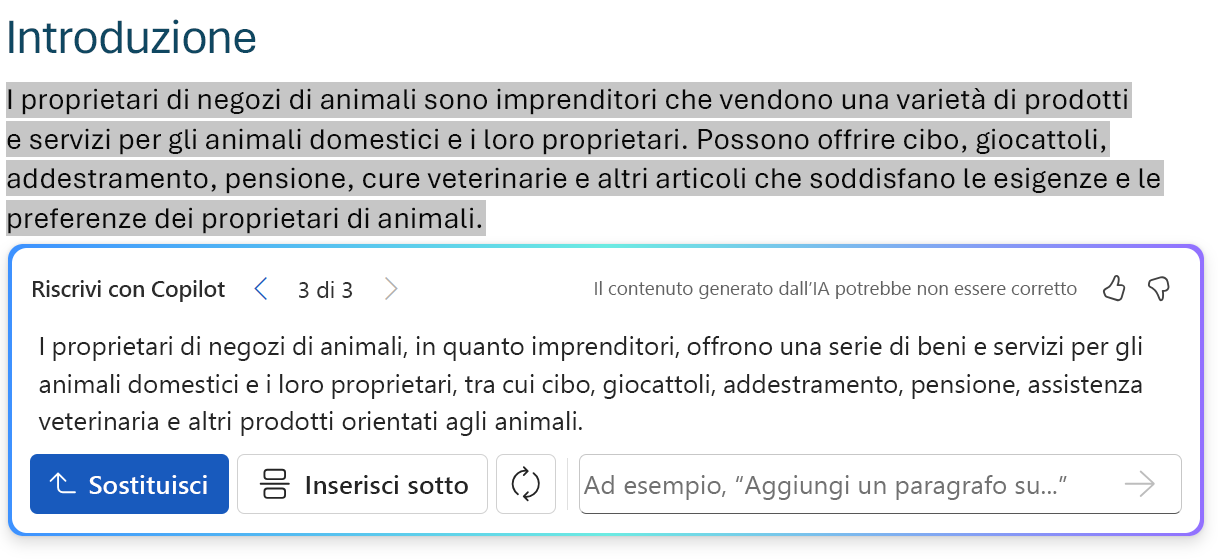 Mostra la schermata della richiesta di riscrittura interattiva per Copilot in Word.