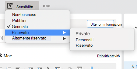 Esempio di possibili opzioni di riservatezza a discesa in Outlook.