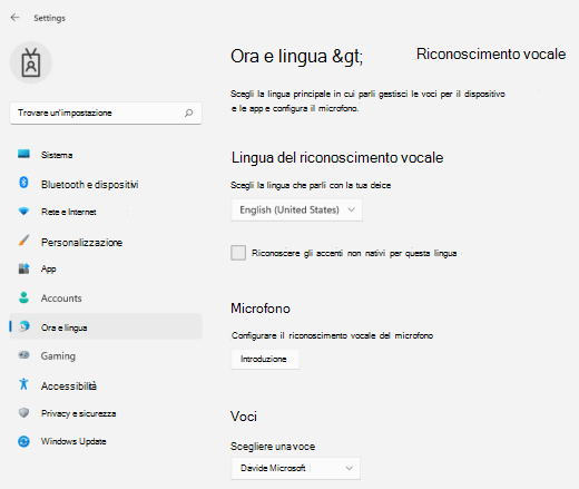 Menu Impostazioni riconoscimento vocale in Windows 11