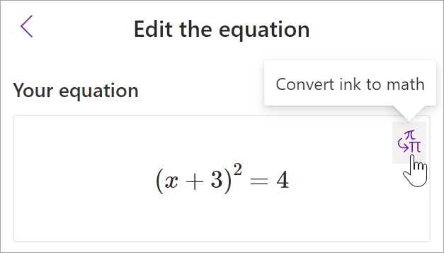 screenshot del riquadro assistente matematica in onenote. Un cursore passa sopra il pulsante input penna in testo.