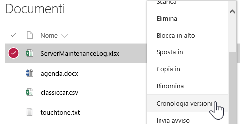Menu di scelta rapida della raccolta documenti con l'opzione Cronologia versioni evidenziata