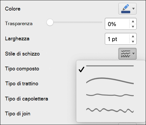 Opzioni di formato linea in Mac con lo stile Mano libera selezionato