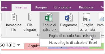 Screenshot del pulsante Inserisci foglio di calcolo in OneNote 2016.