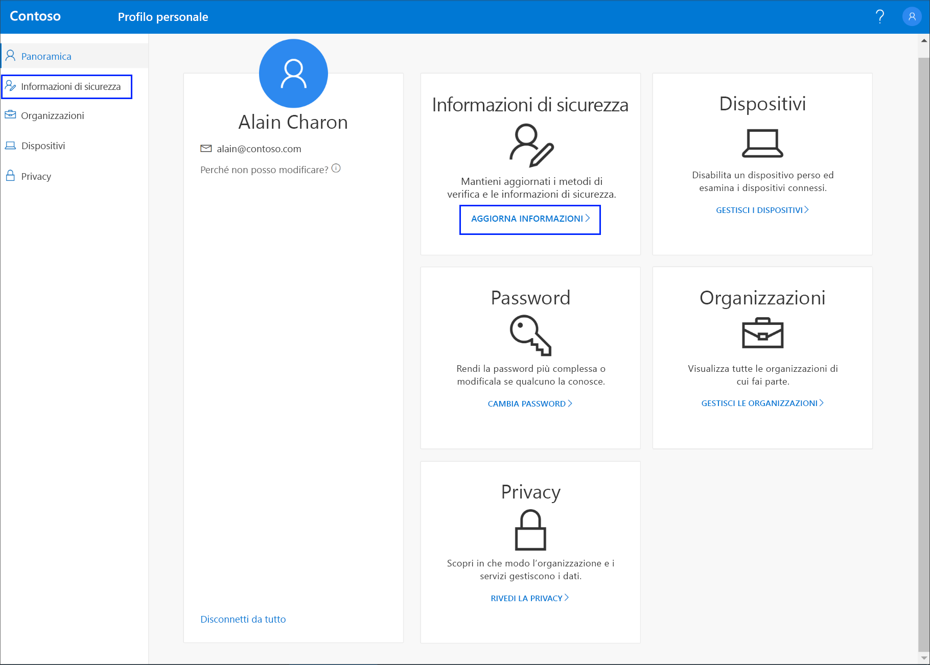 Pagina Profilo personale con i collegamenti alle informazioni di sicurezza evidenziati