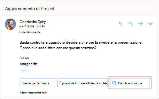 Uno screenshot della risposta suggerita per pianificare una riunione