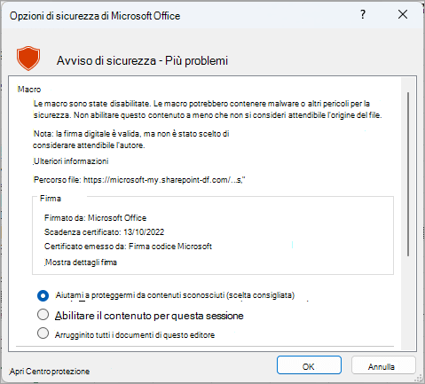 Finestra di dialogo dell'avviso di sicurezza di Microsoft Excel