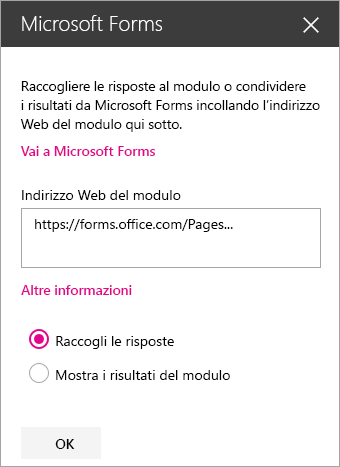 Riquadro della web part Microsoft Forms per un modulo esistente.