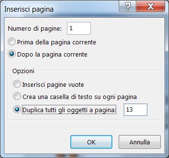 Finestra di dialogo per l'inserimento di una pagina di Publisher