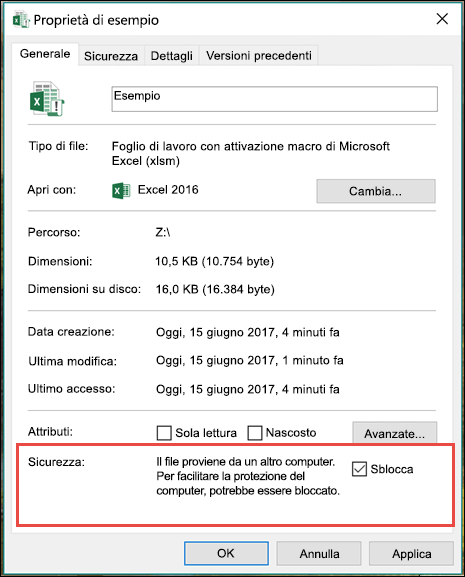 Fare clic con il pulsante destro del mouse sul file in Esplora risorse per sbloccare le macro.