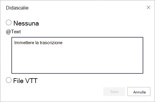 Finestra di dialogo Didascalia e testo trascrizione