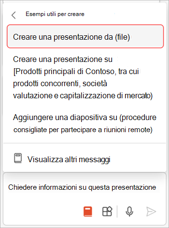 Screenshot del menu di richiesta di Copilot in PowerPoint con l'opzione Crea una presentazione da file evidenziata