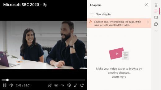 È aperto il riquadro dei capitoli di un video. Un messaggio di errore indica che non è stato possibile aggiungere un capitolo.