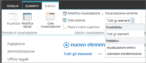 Elenco a discesa delle visualizzazioni Elenco correnti