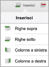 Menu Inserisci tabella su iPad