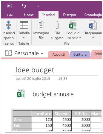 Screenshot di un foglio di calcolo incorporato in OneNote 2016.