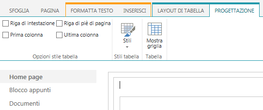 Screenshot della barra multifunzione di SharePoint Online. Usare la scheda Progettazione per selezionare le caselle di controllo relative a riga di intestazione, riga di piè di pagina, prima colonna e ultima colonna in una tabella e per selezionare gli stili di tabella e specificare se la tabella usa le linee della griglia.